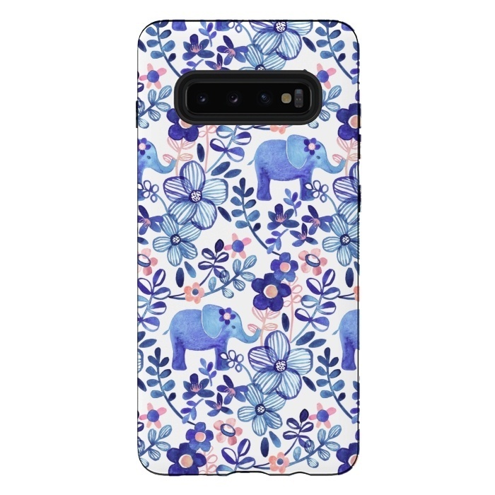 Galaxy S10 plus StrongFit Little Purple Elephant Watercolor Floral on White by Micklyn Le Feuvre
