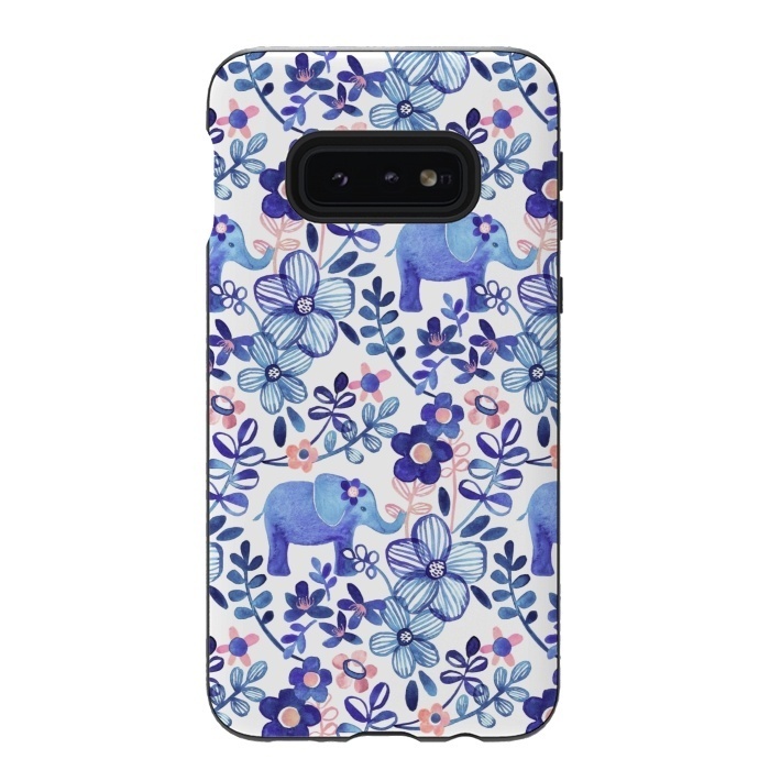 Galaxy S10e StrongFit Little Purple Elephant Watercolor Floral on White by Micklyn Le Feuvre