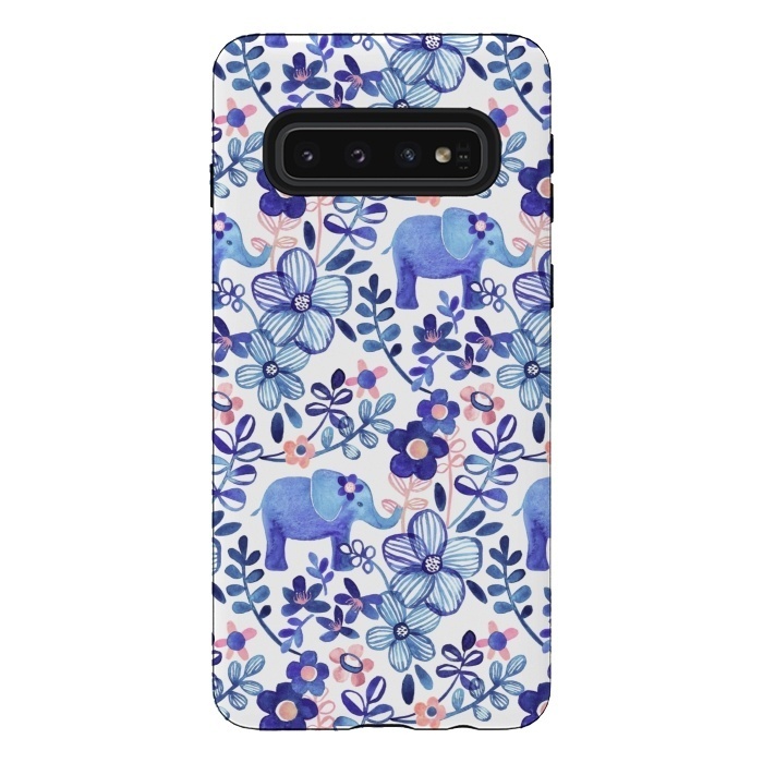 Galaxy S10 StrongFit Little Purple Elephant Watercolor Floral on White by Micklyn Le Feuvre