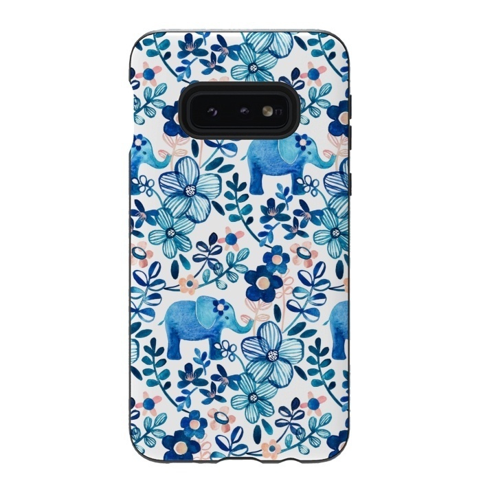 Galaxy S10e StrongFit Little Blue Elephant Watercolor Floral on White by Micklyn Le Feuvre