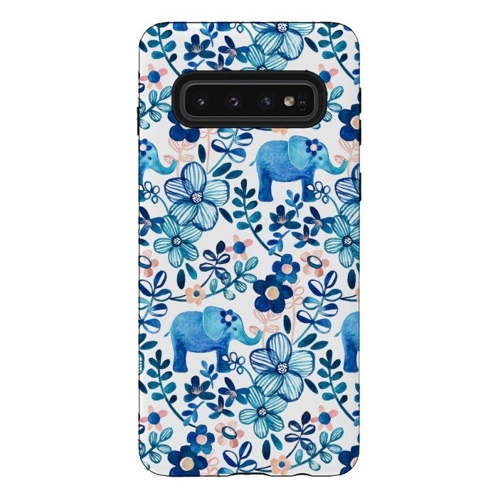 Galaxy S10 StrongFit Little Blue Elephant Watercolor Floral on White by Micklyn Le Feuvre
