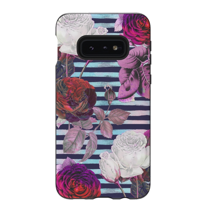 Galaxy S10e StrongFit Roses on blue watercolor stripes botanical illustration by Oana 