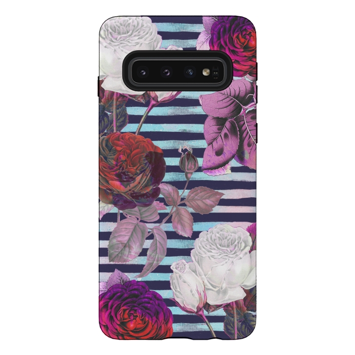 Galaxy S10 StrongFit Roses on blue watercolor stripes botanical illustration by Oana 