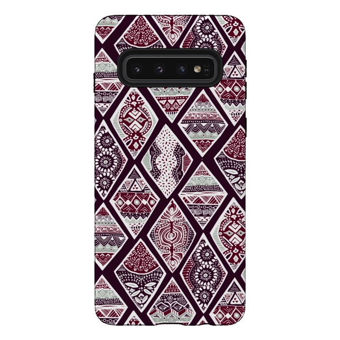 Galaxy S10 StrongFit Tribal Diamonds On Red, White & Sage  by Tigatiga