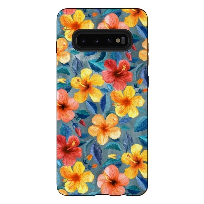 Galaxy S10 plus StrongFit Bright Little Summer Hibiscus Blooms in Watercolor by Micklyn Le Feuvre
