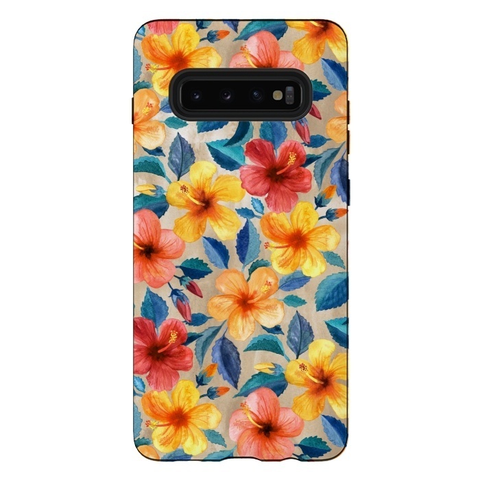 Galaxy S10 plus StrongFit Little Tropical Hibiscus Blooms in Watercolor by Micklyn Le Feuvre