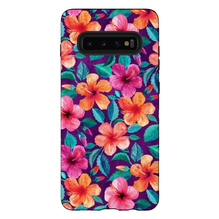 Galaxy S10 plus StrongFit Little Bright Hibiscus Blooms in Watercolor on Purple by Micklyn Le Feuvre