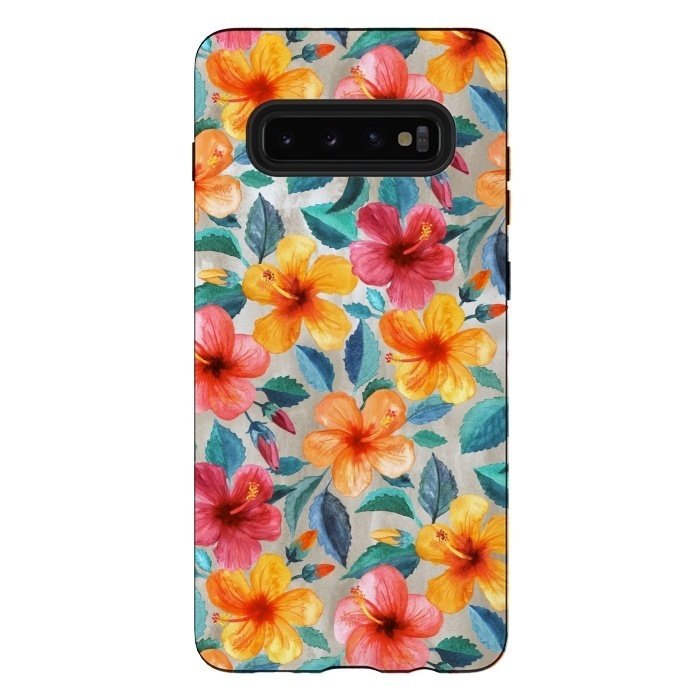 Galaxy S10 plus StrongFit Little Tropical Hawaiian Hibiscus Blooms in Watercolor by Micklyn Le Feuvre