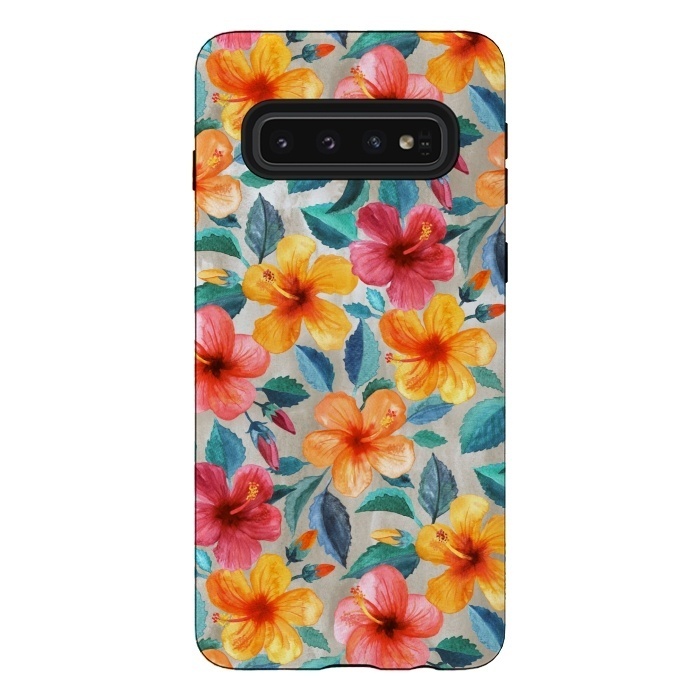 Galaxy S10 StrongFit Little Tropical Hawaiian Hibiscus Blooms in Watercolor by Micklyn Le Feuvre