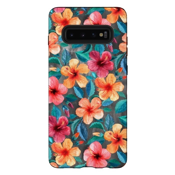 Galaxy S10 plus StrongFit Colorful Little Tropical Hibiscus Blooms by Micklyn Le Feuvre