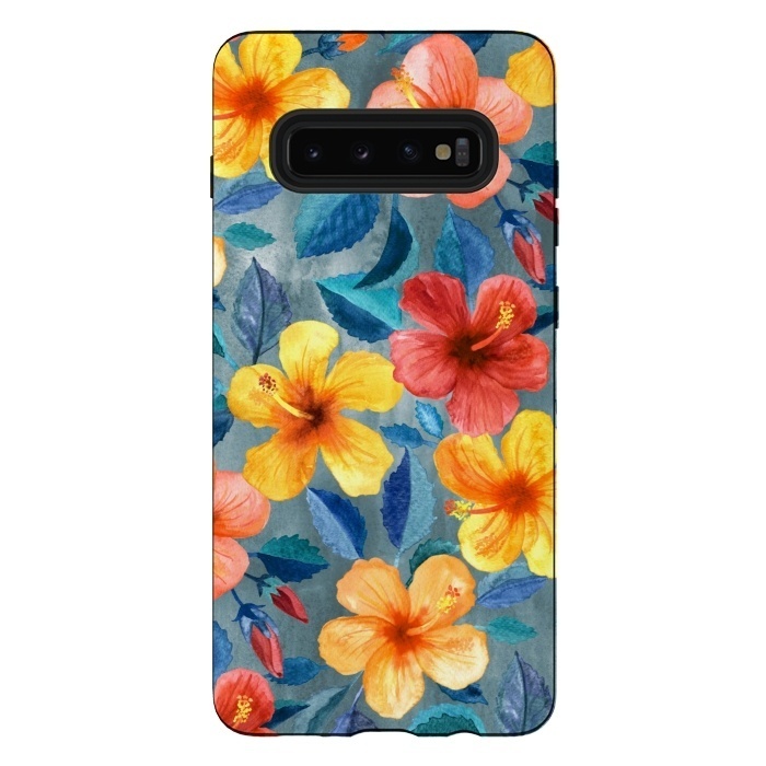 Galaxy S10 plus StrongFit Bright Summer Hibiscus Blooms in Watercolor by Micklyn Le Feuvre
