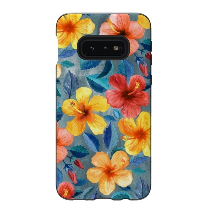 Galaxy S10e StrongFit Bright Summer Hibiscus Blooms in Watercolor by Micklyn Le Feuvre