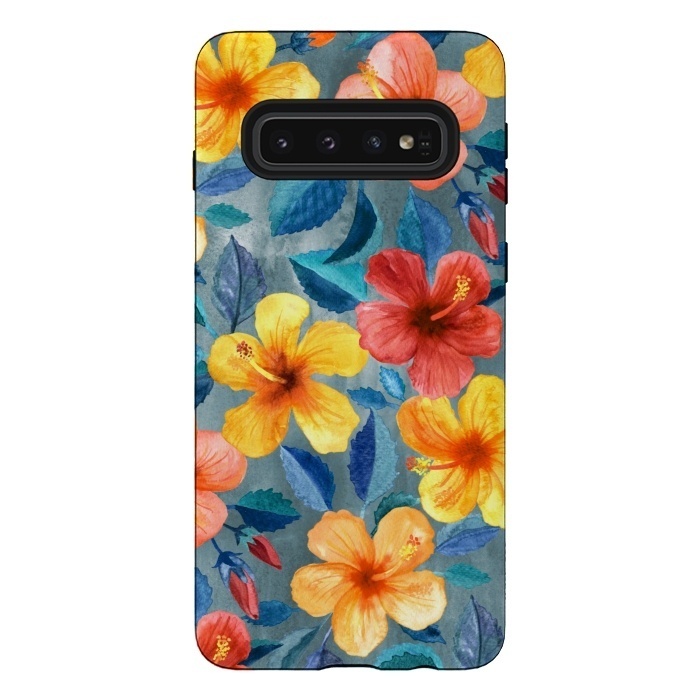 Galaxy S10 StrongFit Bright Summer Hibiscus Blooms in Watercolor by Micklyn Le Feuvre
