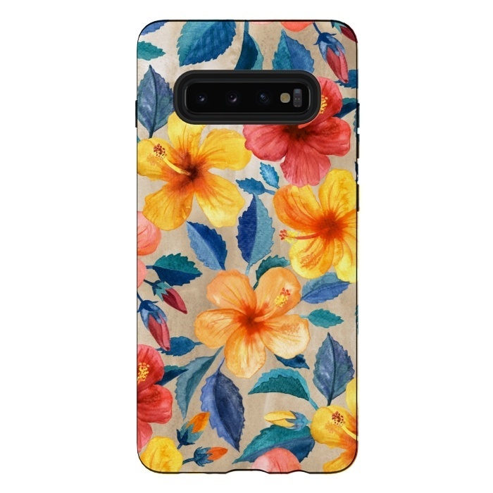 Galaxy S10 plus StrongFit Tropical Hibiscus Blooms in Watercolor by Micklyn Le Feuvre