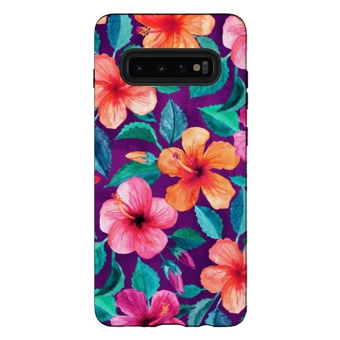 Galaxy S10 plus StrongFit Bright Hibiscus Blooms in Watercolor on Purple by Micklyn Le Feuvre