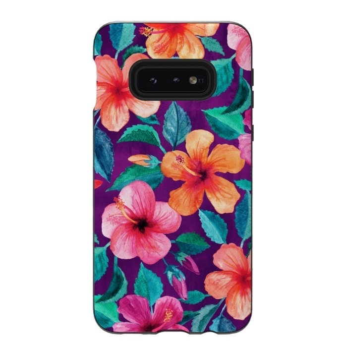 Galaxy S10e StrongFit Bright Hibiscus Blooms in Watercolor on Purple by Micklyn Le Feuvre