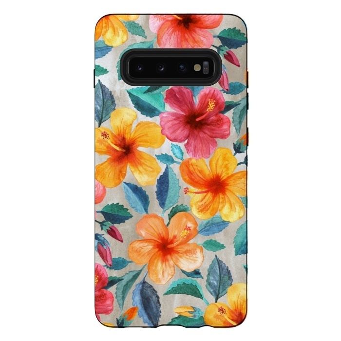 Galaxy S10 plus StrongFit Tropical Hawaiian Hibiscus Blooms in Watercolor by Micklyn Le Feuvre
