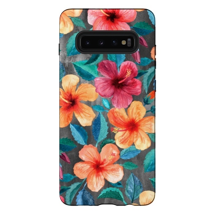 Galaxy S10 plus StrongFit Colorful Tropical Hibiscus Blooms  by Micklyn Le Feuvre