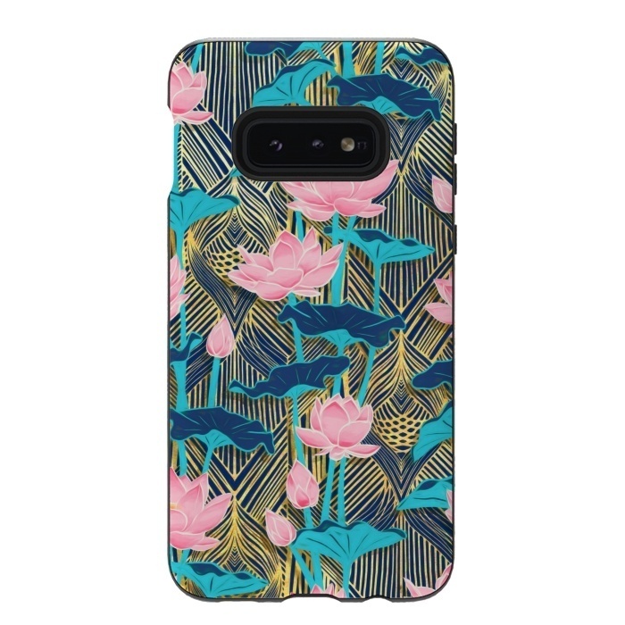 Galaxy S10e StrongFit Art Deco Lotus Flowers in Pink & Navy by Micklyn Le Feuvre