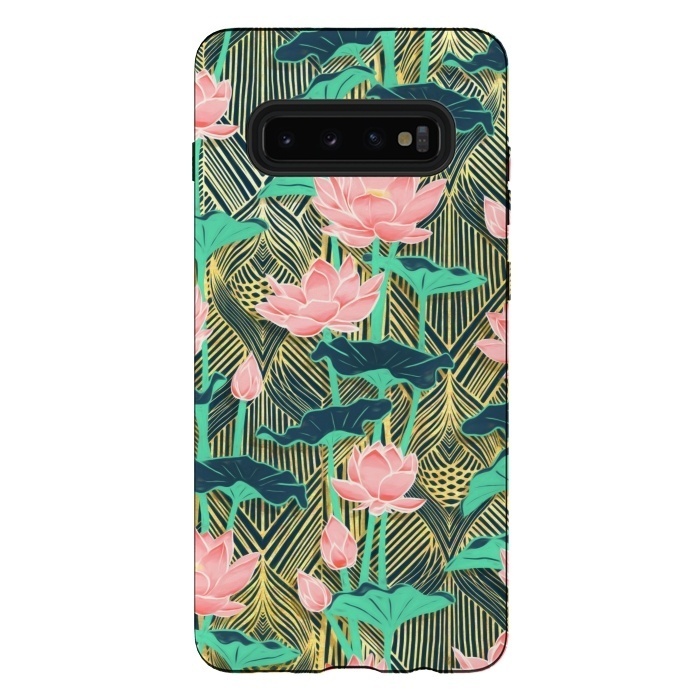 Galaxy S10 plus StrongFit Art Deco Lotus Flowers in Peach & Emerald by Micklyn Le Feuvre
