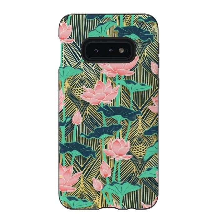 Galaxy S10e StrongFit Art Deco Lotus Flowers in Peach & Emerald by Micklyn Le Feuvre