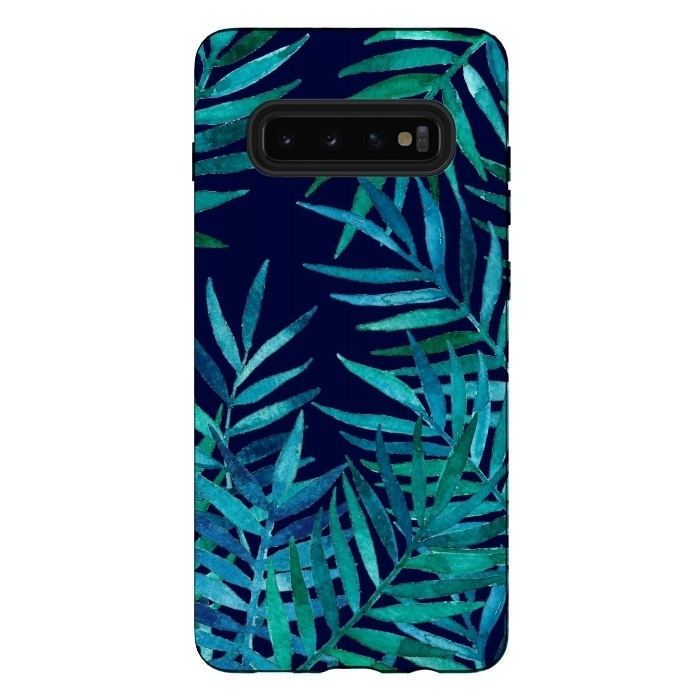 Galaxy S10 plus StrongFit Watercolor Palm Leaves on Navy Blue by Micklyn Le Feuvre