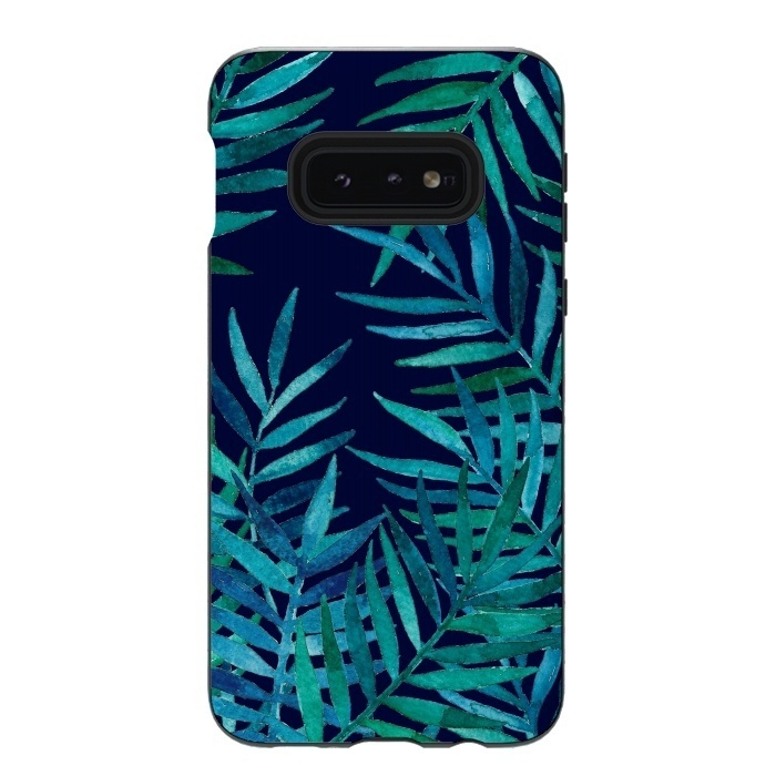 Galaxy S10e StrongFit Watercolor Palm Leaves on Navy Blue by Micklyn Le Feuvre