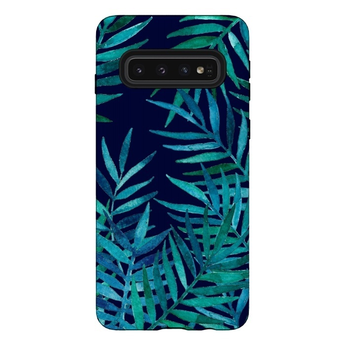 Galaxy S10 StrongFit Watercolor Palm Leaves on Navy Blue by Micklyn Le Feuvre