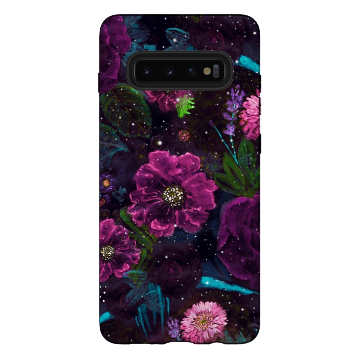 Galaxy S10 plus StrongFit Whimsical Watercolor night garden floral hand paint  by InovArts