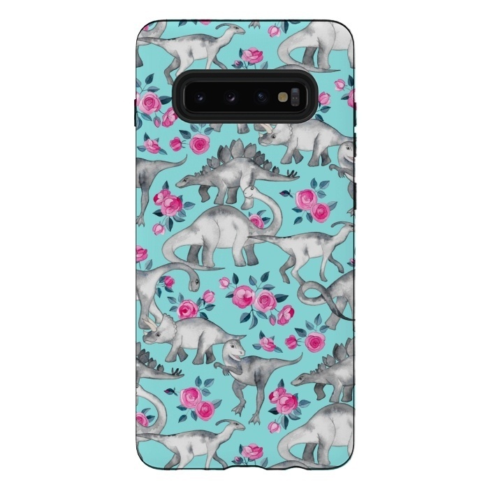 Galaxy S10 plus StrongFit Dinosaurs and Roses on Turquoise by Micklyn Le Feuvre