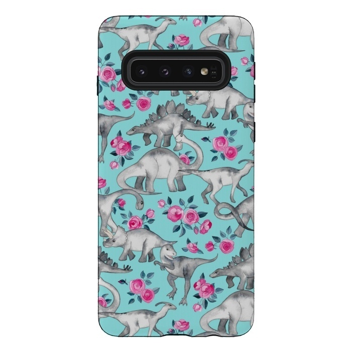 Galaxy S10 StrongFit Dinosaurs and Roses on Turquoise by Micklyn Le Feuvre