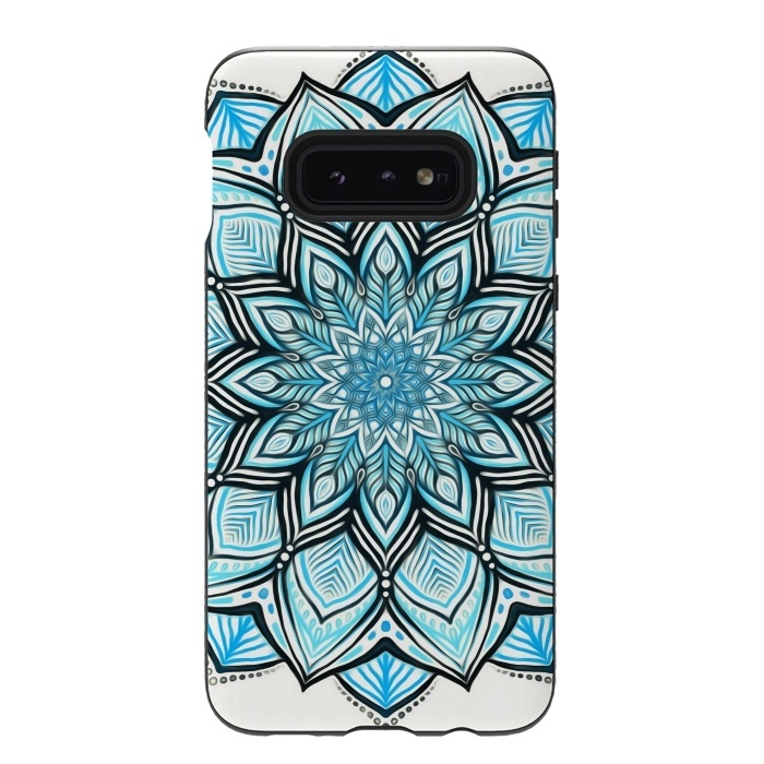 Galaxy S10e StrongFit Turquoise Tribal Mandala on White by Micklyn Le Feuvre