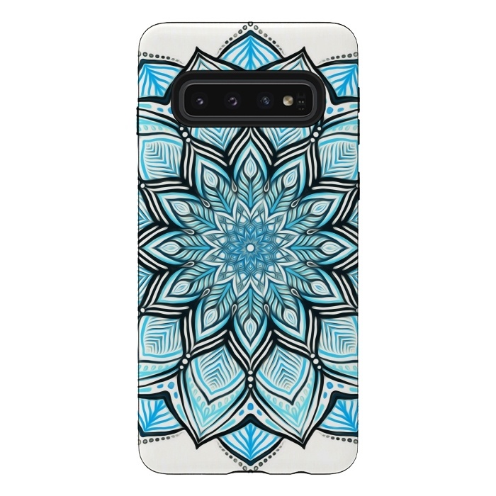 Galaxy S10 StrongFit Turquoise Tribal Mandala on White by Micklyn Le Feuvre