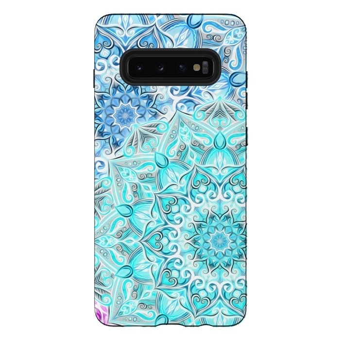 Galaxy S10 plus StrongFit Frosted Mandalas in Aqua and Blue by Micklyn Le Feuvre