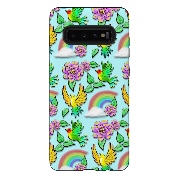 Galaxy S10 plus StrongFit Birds Flowers and Rainbows Doodle Pattern by BluedarkArt