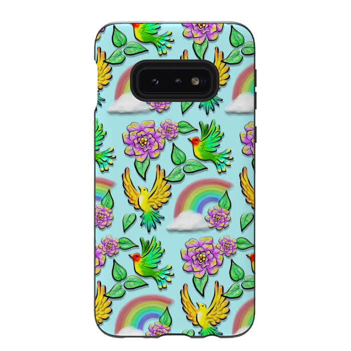 Galaxy S10e StrongFit Birds Flowers and Rainbows Doodle Pattern by BluedarkArt