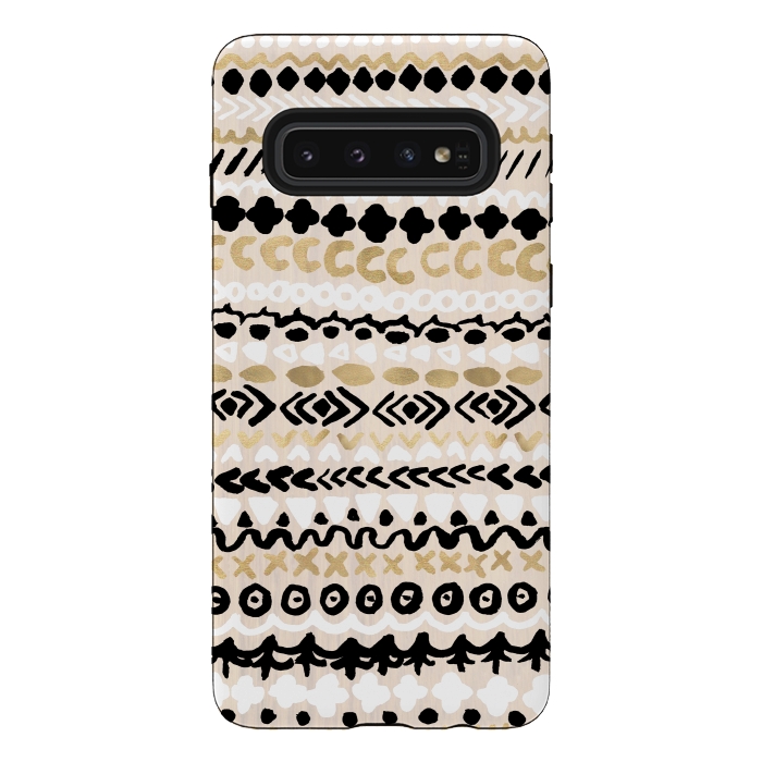 Galaxy S10 StrongFit Black, White & Gold Tribal by Tangerine-Tane
