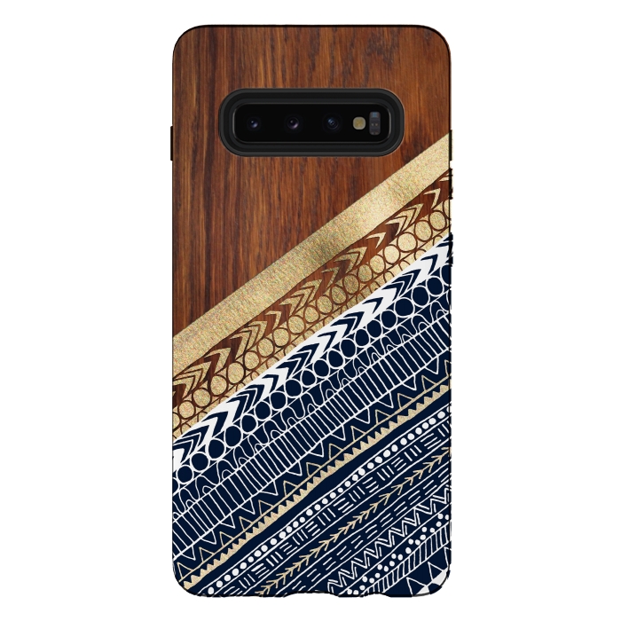 Galaxy S10 plus StrongFit Navy & Gold Tribal on Wood by Tangerine-Tane
