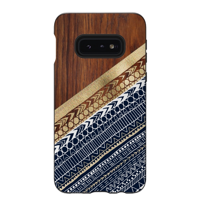 Galaxy S10e StrongFit Navy & Gold Tribal on Wood by Tangerine-Tane