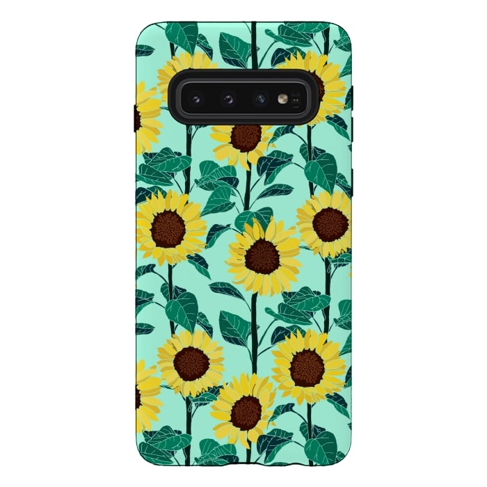 Galaxy S10 StrongFit Sunny Sunflowers - Mint  by Tigatiga