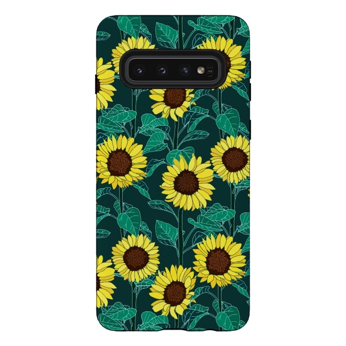Galaxy S10 StrongFit Sunny Sunflowers - Emerald  by Tigatiga