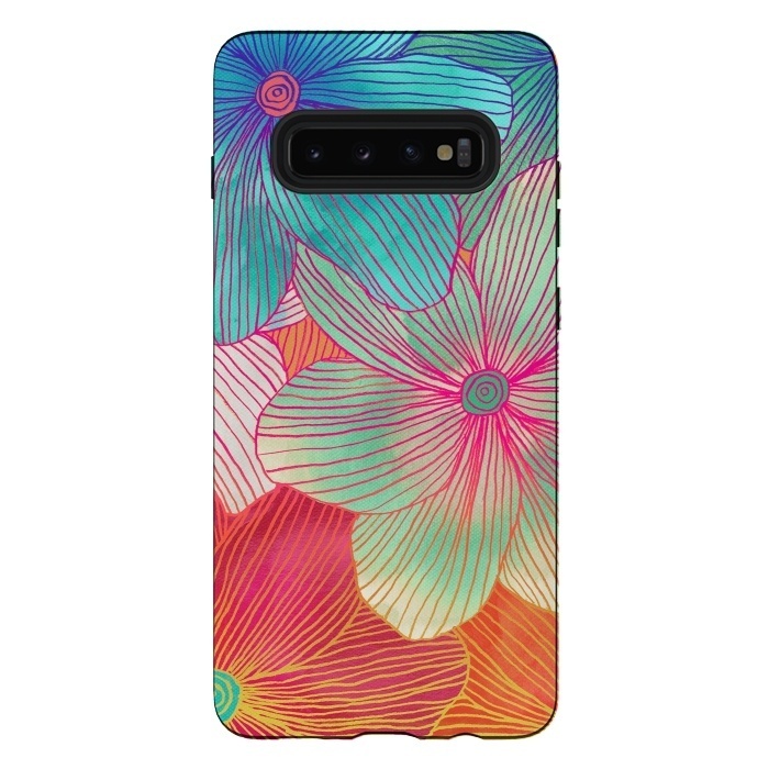 Galaxy S10 plus StrongFit Between the Lines - tropical flowers in pink, orange, blue & mint by Micklyn Le Feuvre