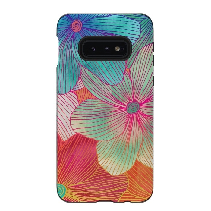 Galaxy S10e StrongFit Between the Lines - tropical flowers in pink, orange, blue & mint by Micklyn Le Feuvre