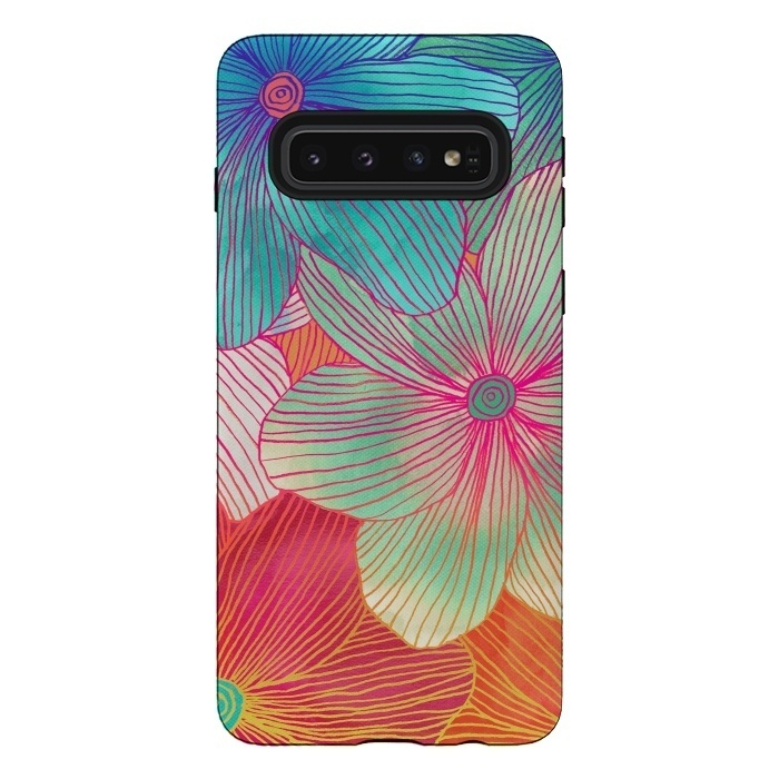 Galaxy S10 StrongFit Between the Lines - tropical flowers in pink, orange, blue & mint by Micklyn Le Feuvre