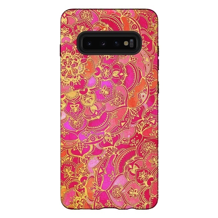 Galaxy S10 plus StrongFit Hot Pink and Gold Baroque Floral Pattern by Micklyn Le Feuvre