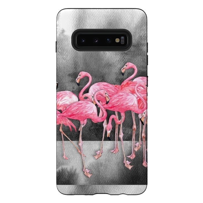 Galaxy S10 plus StrongFit Pink Flamingos in Watercolor & Ink by Micklyn Le Feuvre