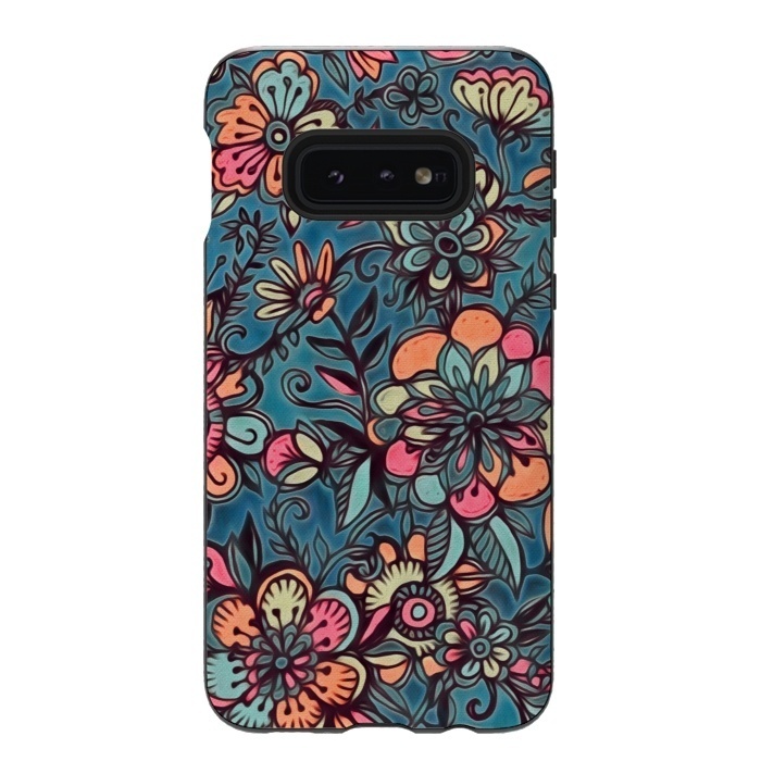 Galaxy S10e StrongFit Sweet Spring Floral - melon pink, butterscotch & teal by Micklyn Le Feuvre