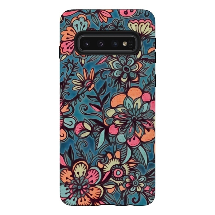 Galaxy S10 StrongFit Sweet Spring Floral - melon pink, butterscotch & teal by Micklyn Le Feuvre