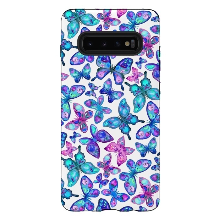 Galaxy S10 plus StrongFit Watercolor Fruit Patterned Butterflies - aqua and sapphire by Micklyn Le Feuvre