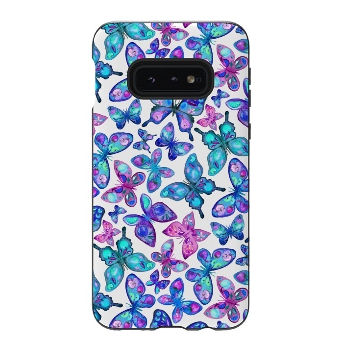 Galaxy S10e StrongFit Watercolor Fruit Patterned Butterflies - aqua and sapphire by Micklyn Le Feuvre